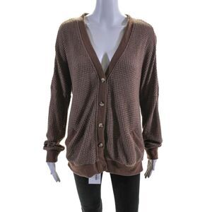 SRVD Womens Embroidered 2 Pocket V-Neck Button Up Cardigan Sweater Brown Size L